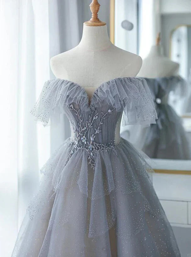 A-Line Princess Beaded Layers Glitter Tulle Long Formal Dress Off Shoulder Prom Dress