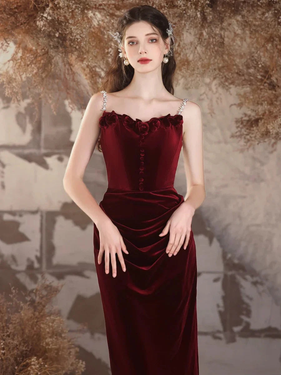 Simple Velvet Mermaid Long Prom Dress Burgundy Long Formal Dress