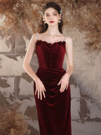 Simple Velvet Mermaid Long Prom Dress Burgundy Long Formal Dress