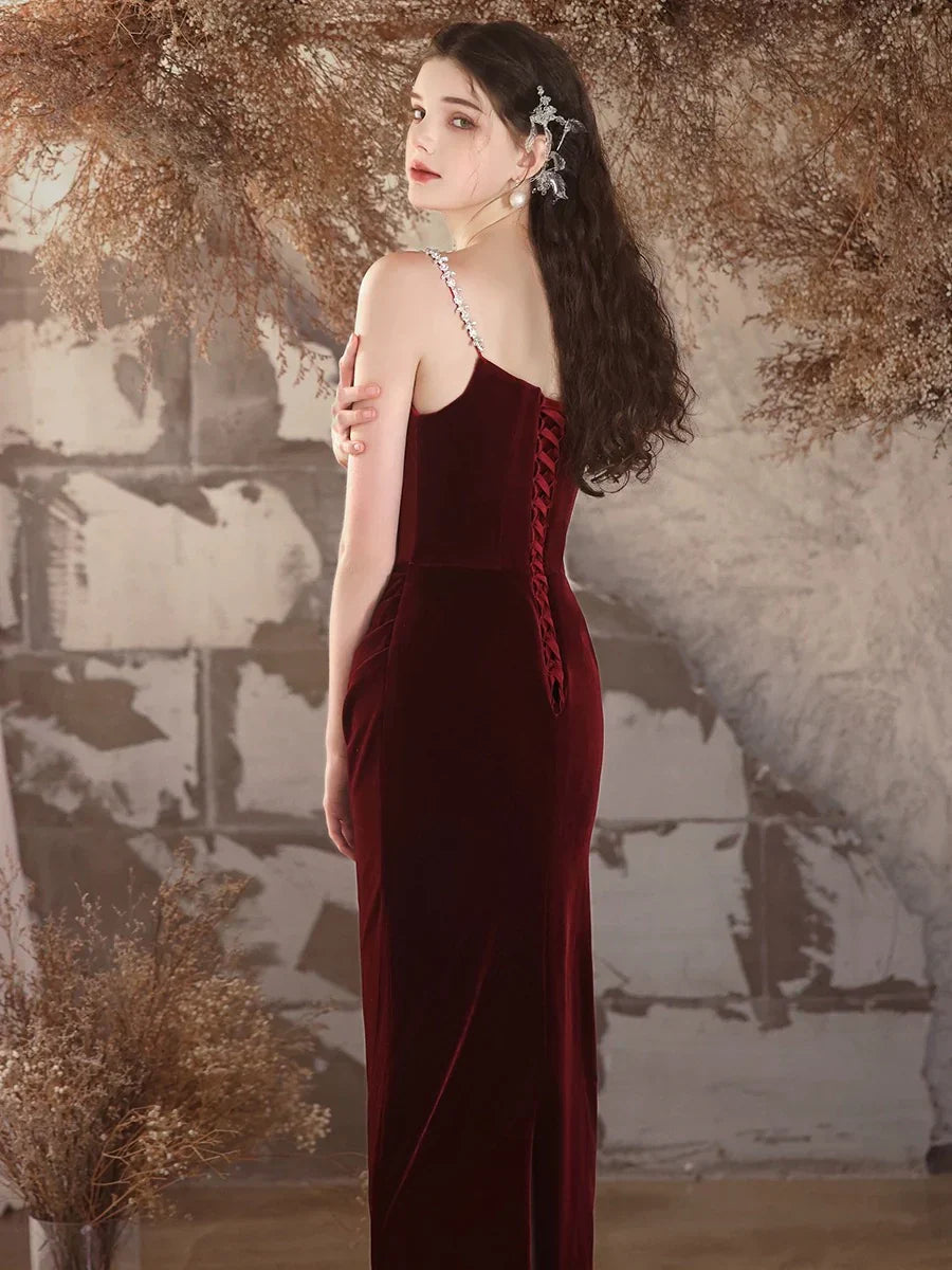 Simple Velvet Mermaid Long Prom Dress Burgundy Long Formal Dress