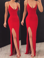 V-Neck Sheath Spaghetti Straps Elastic Satin Long Prom Dresses