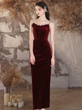 Simple Velvet Mermaid Long Prom Dress Burgundy Long Formal Dress