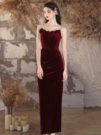 Simple Velvet Mermaid Long Prom Dress Burgundy Long Formal Dress