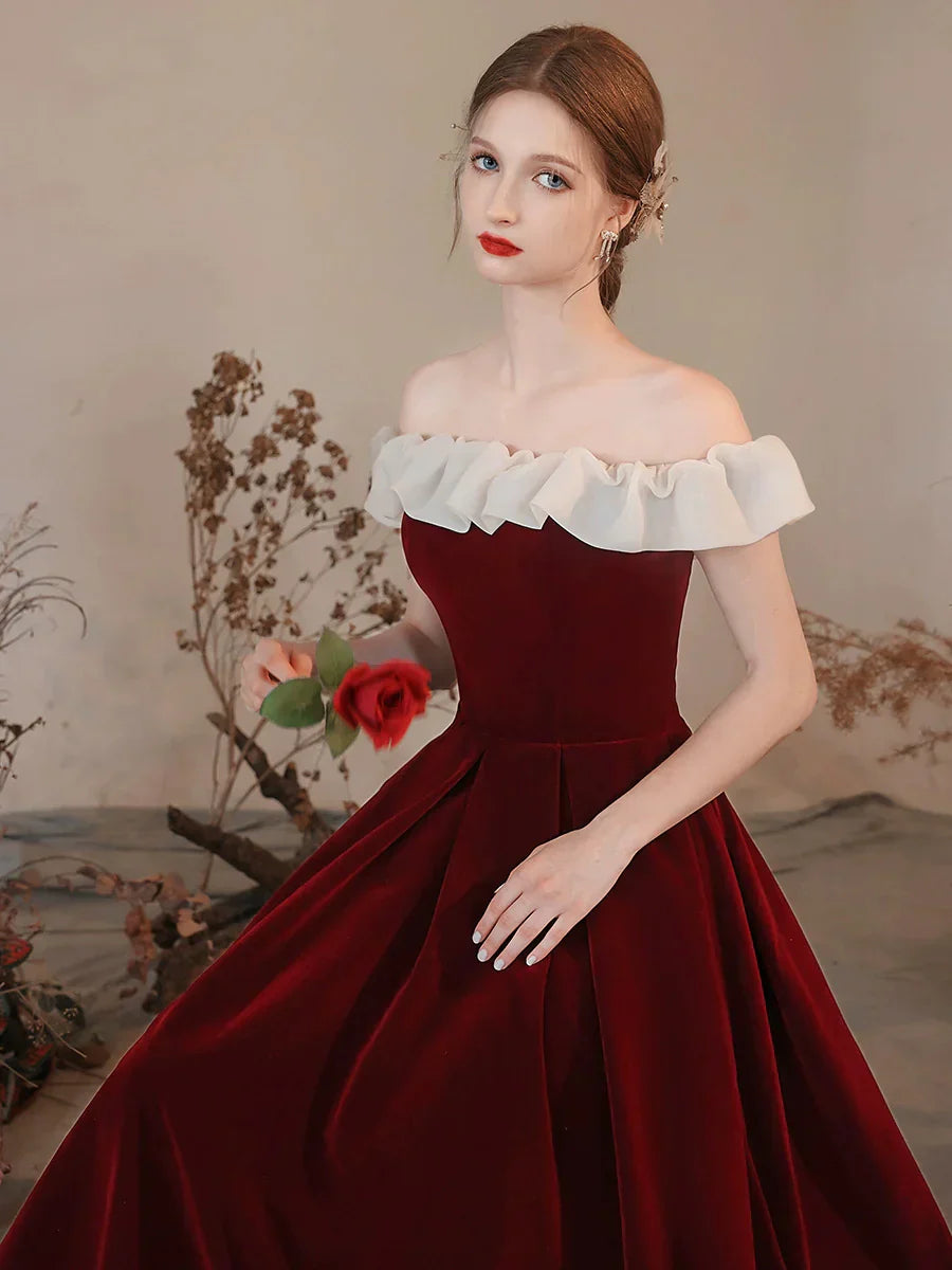 A-Line Off Shoulder Velvet Long Prom Dress Burgundy Formal Dress