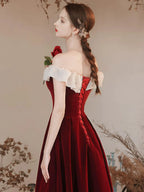 A-Line Off Shoulder Velvet Long Prom Dress Burgundy Formal Dress