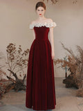 A-Line Off Shoulder Velvet Long Prom Dress Burgundy Formal Dress