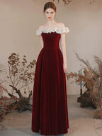 A-Line Off Shoulder Velvet Long Prom Dress Burgundy Formal Dress