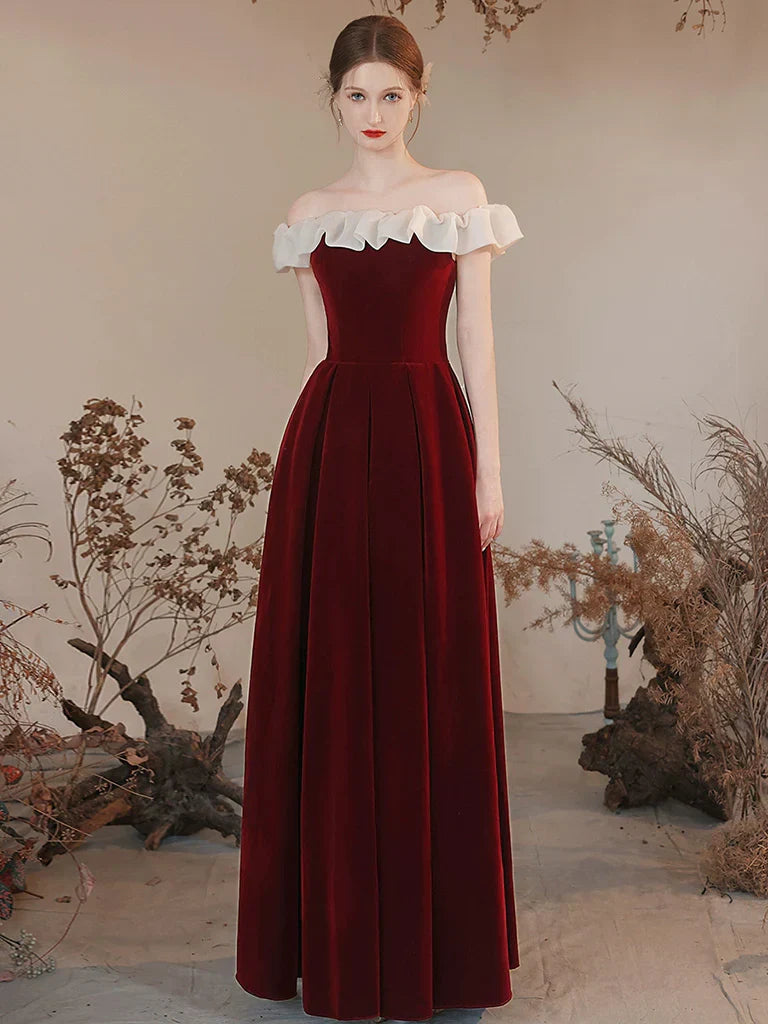 A-Line Off Shoulder Velvet Long Prom Dress Burgundy Formal Dress