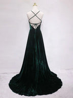 A-Line Backless Velvet Long Prom Dresses Green Formal Evening Dresses