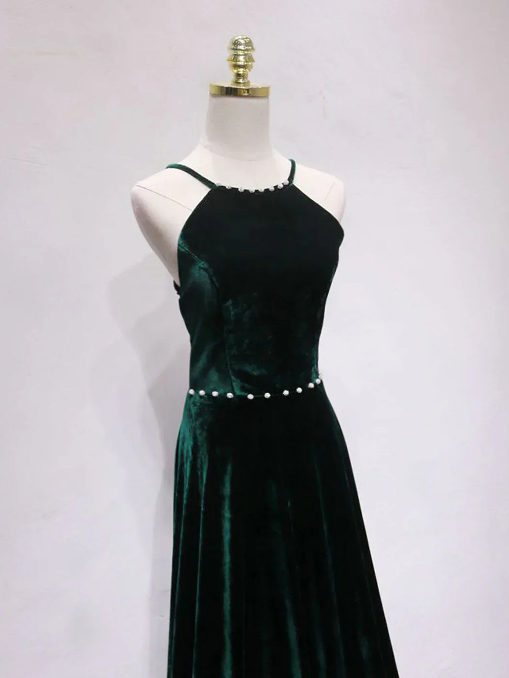 A-Line Backless Velvet Long Prom Dresses Green Formal Evening Dresses
