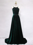 A-Line Backless Velvet Long Prom Dresses Green Formal Evening Dresses