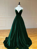 A-Line V Neck Velvet Long Prom Dresses Green Velvet Formal Dress