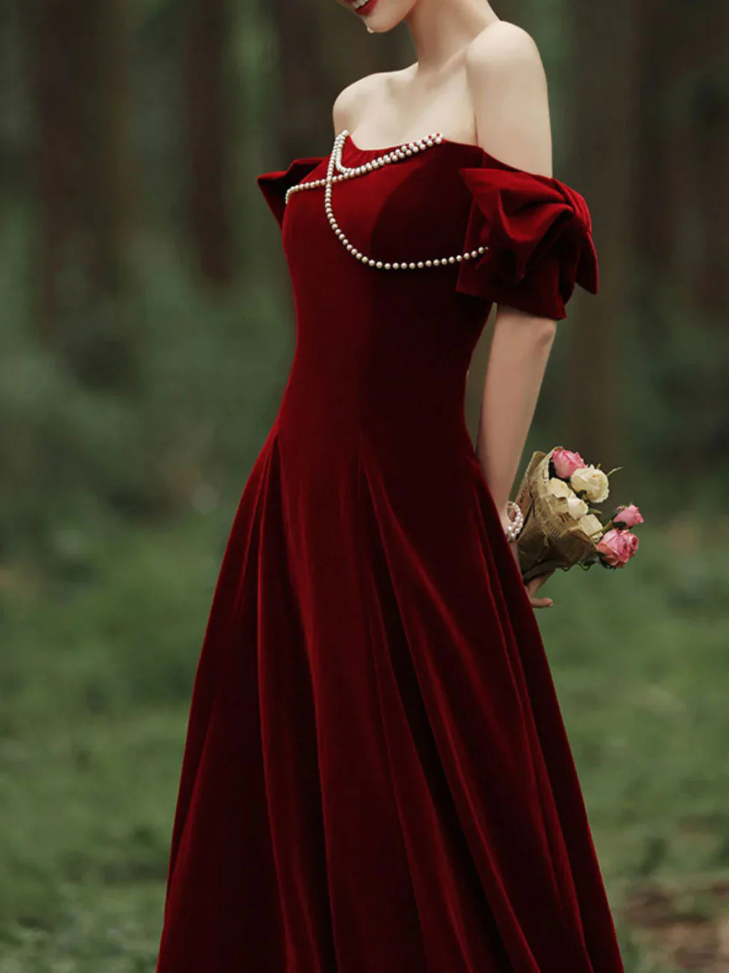 Velvet A Line Long Prom Dress Burgundy Formal Evening Dresses