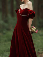 Velvet A Line Long Prom Dress Burgundy Formal Evening Dresses