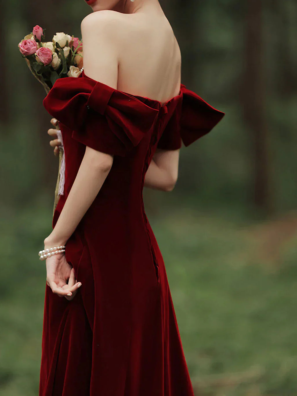 Velvet A Line Long Prom Dress Burgundy Formal Evening Dresses
