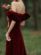 Velvet A Line Long Prom Dress Burgundy Formal Evening Dresses