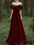 Velvet A Line Long Prom Dress Burgundy Formal Evening Dresses
