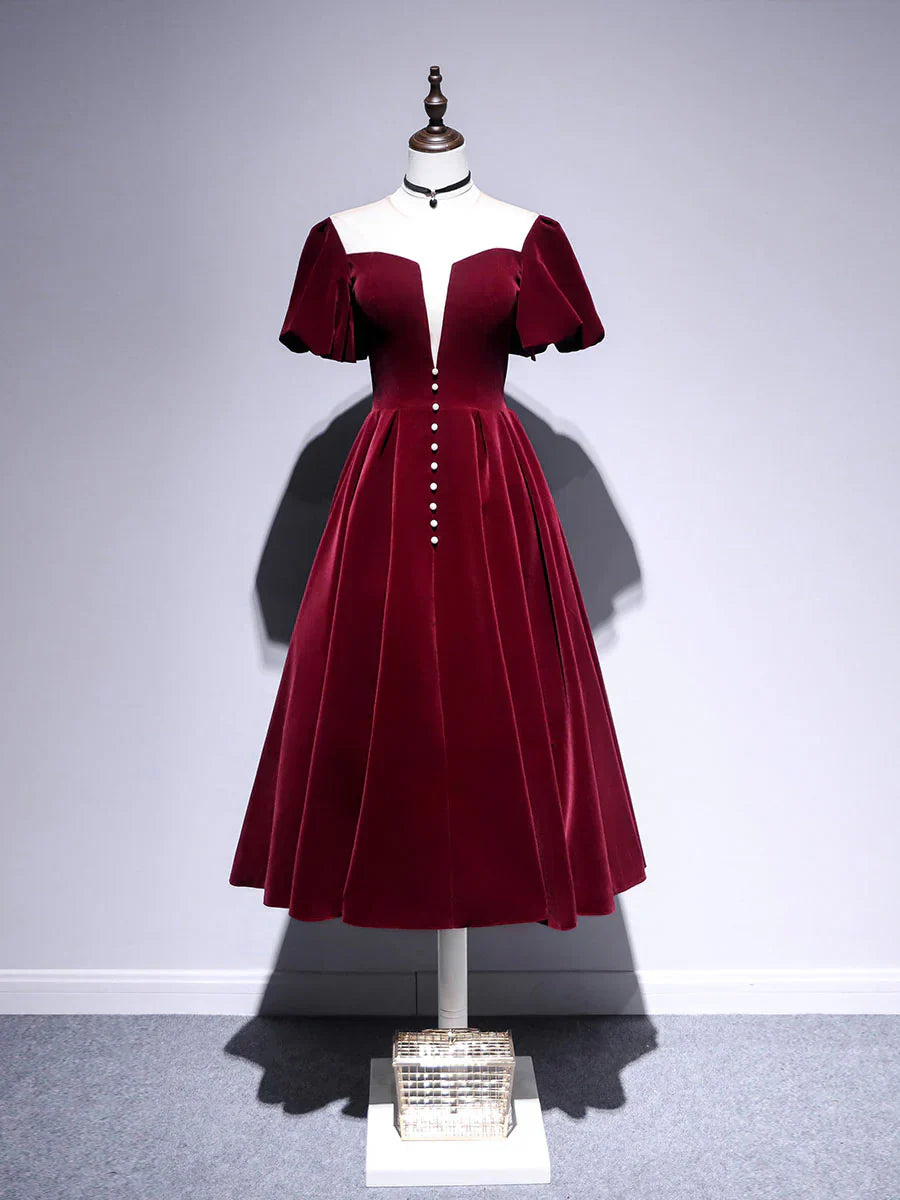 A line Velvet Tea Length Prom Dresses Velvet Bridesmaid Dresses