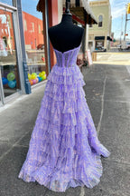 Glitter Tulle Corset Ruffle Tiered Long Prom Dress with Slit