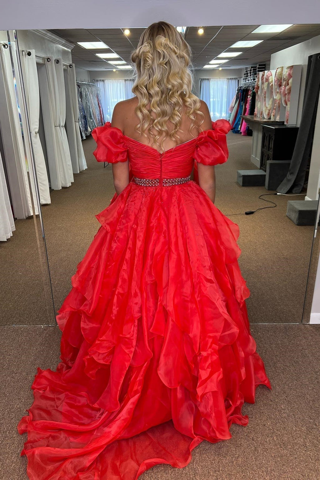 Off-the-Shoulder Layers Beaded Tulle Long Prom Dress