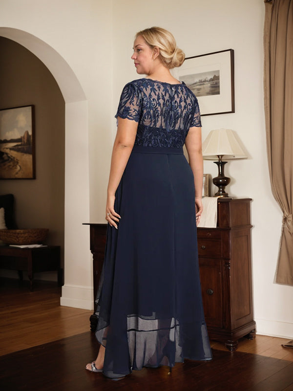 A-line Scoop Illusion Asymmetrical Chiffon Lace Mother of the Bride Dress With Bow Ruffle Sequins