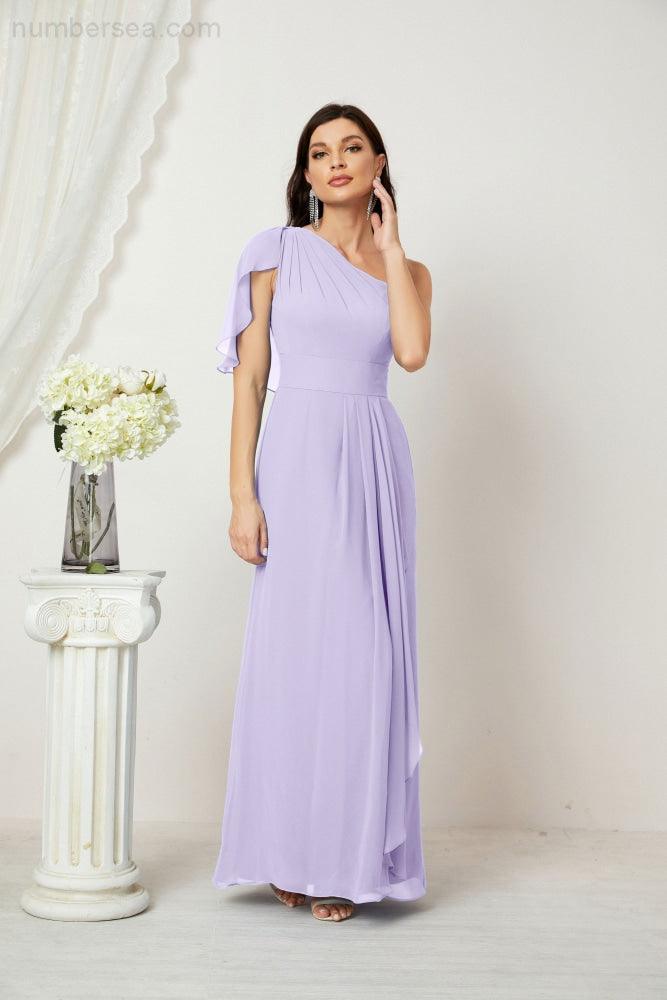Numbersea  Chiffon Ruffled One Shoulder Long Bridesmaid Dresses A-line Formal Evening Gown Side Split 2809