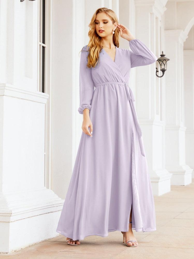 Numbersea Women's Chiffon Bridesmaid Dress A line Long Sleeves Formal Evening Prom Gown for Wedding Guest 28032