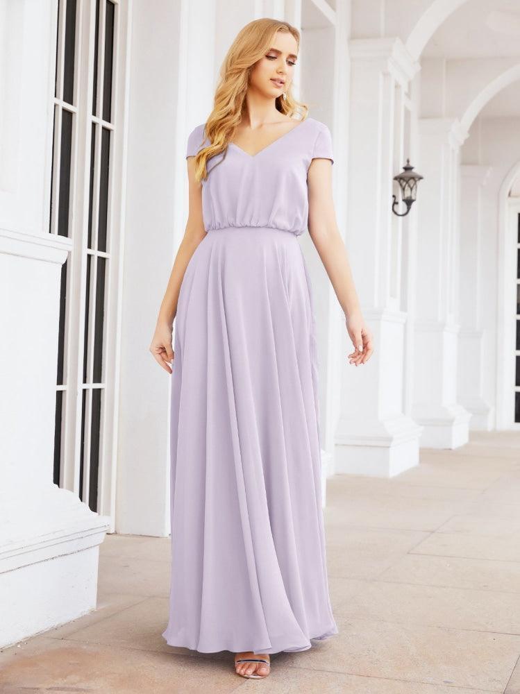Numbersea V-Neck Bridesmaid Dresses Long Cap Sleeves Prom Evening Formal Gowns 28071