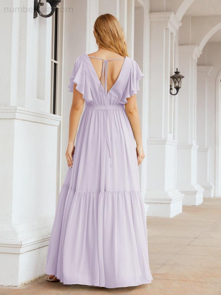 Numbersea Women's Open Back Formal Evening Party Prom Gowns V-Neck Long Chiffon Bridesmaid Dresses with Waist Belt 28038