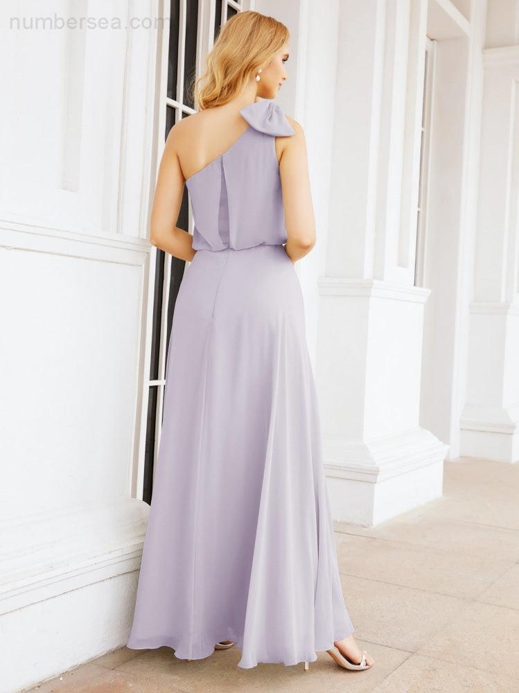 Numbersea Chiffon Ruffled One Shoulder Sleeveless Long Bride Dresses A-line Formal Evening Gown Side Split 28057