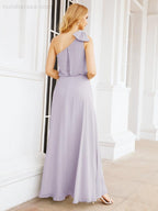 Numbersea Chiffon Ruffled One Shoulder Sleeveless Long Bride Dresses A-line Formal Evening Gown Side Split 28057