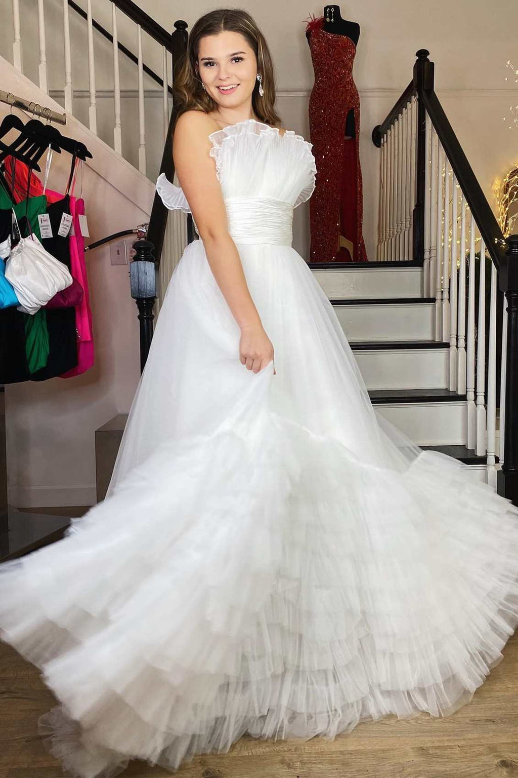 A-Line Strapless Pink Tiered Long Tulle Prom Dress
