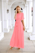 Ladies Chiffon Sleeve Crew Neck Front Slit Floor Length Bridesmaid Evening Dress Wedding Party Evening Dress 28124