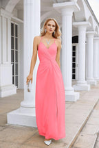 Ladies Chiffon Spaghetti Strap V Neck Front Slit Floor Length Bridesmaid Evening Dress Prom Party Wedding Evening Dress 28116