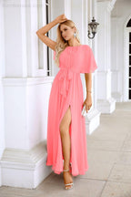 Ladies Chiffon Sleeve Crew Neck Front Slit Floor Length Bridesmaid Evening Dress Wedding Party Evening Dress 28124