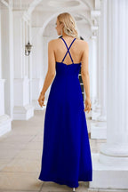 Ladies Chiffon Spaghetti Strap V Neck Front Slit Floor Length Bridesmaid Evening Dress Prom Party Wedding Evening Dress 28116
