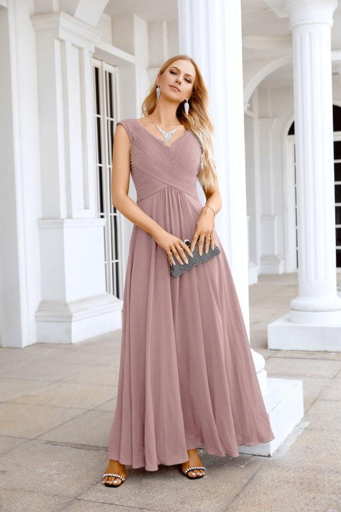 Ladies Chiffon V Neck Sleeveless Floor Length Bridesmaid Evening Dress Wedding Party Evening Dress 28126