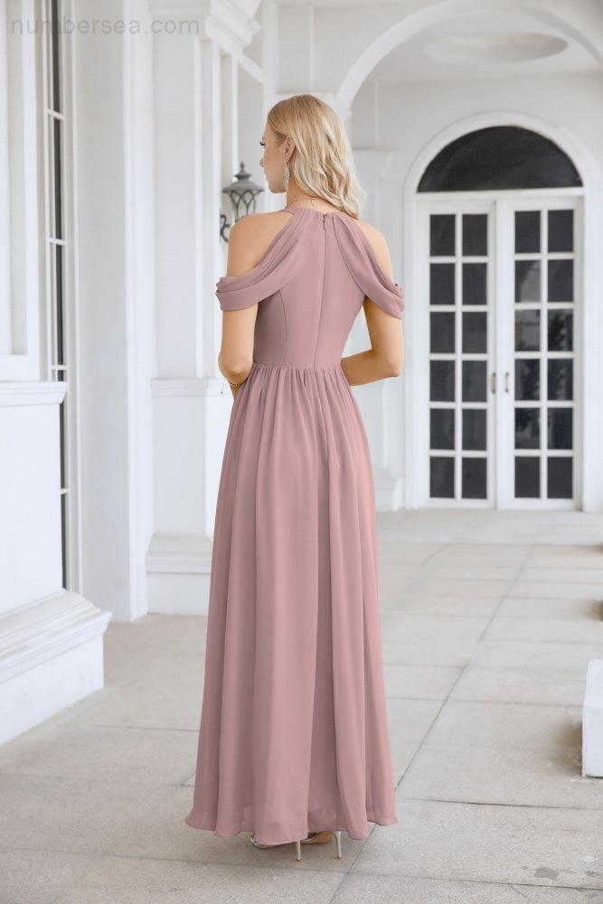Ladies Chiffon Off Shoulder Swing Sleeve Front Slit Bridesmaid Evening Dress Wedding Party Evening Dress 28117