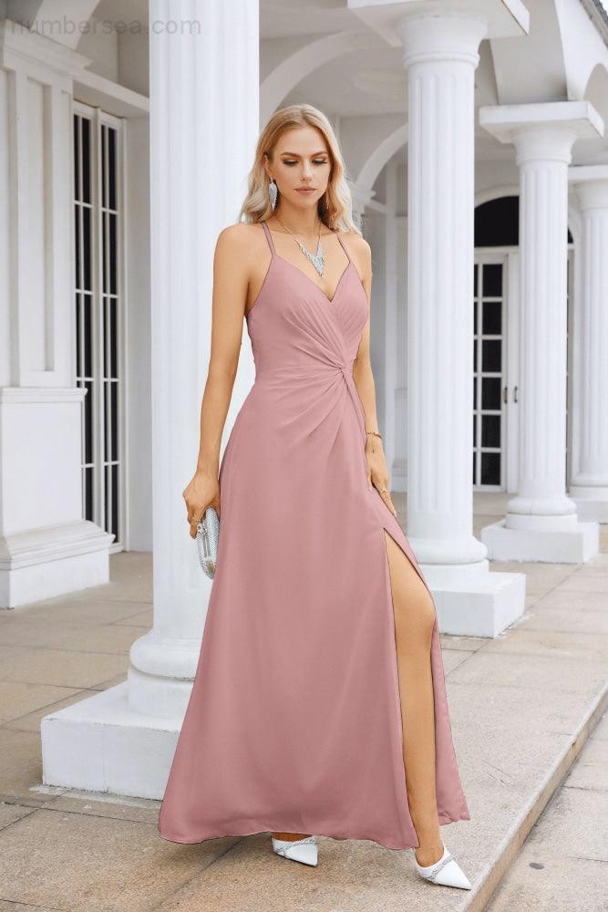 Ladies Chiffon Spaghetti Strap V Neck Front Slit Floor Length Bridesmaid Evening Dress Prom Party Wedding Evening Dress 28116