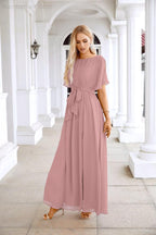 Ladies Chiffon Sleeve Crew Neck Front Slit Floor Length Bridesmaid Evening Dress Wedding Party Evening Dress 28124