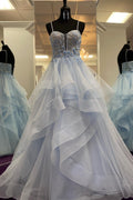 Straps Layers Floral A-line Long Prom Dress