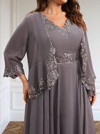 A-line V-Neck Ankle-Length Chiffon Mother of the Bride Dress With Sequins Appliques Lace Beading
