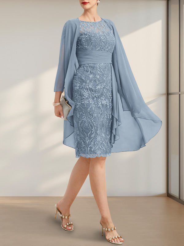 Sheath/Column Scoop Illusion Knee-Length Lace Chiffon Mother of the Bride Dress With Cascading Ruffles Sequins