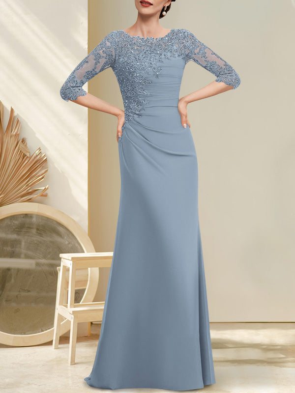 A-line Scoop Floor-Length Chiffon Lace Mother of the Bride Dress With Beading Pleated Sequins