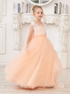 A-line Lace Tulle Sweep Train Pink Flower Girl Dress