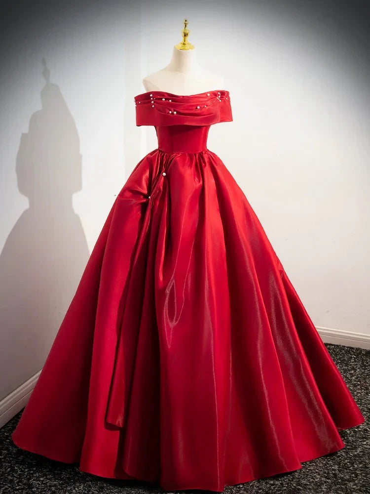 A-Line Off Shoulder Satin Long Prom Dress Evening Dress Ballgown