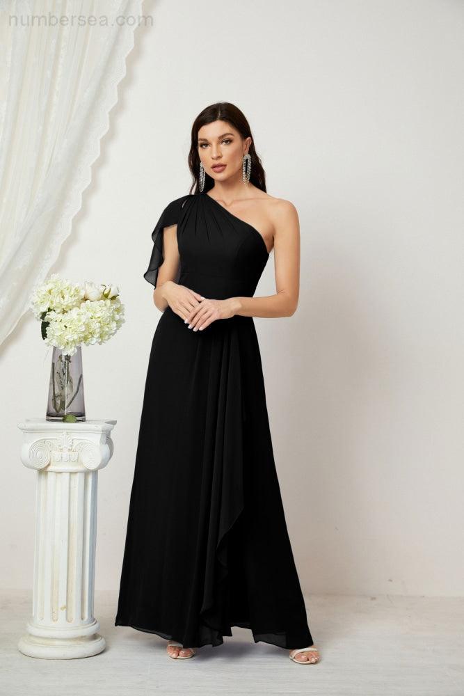 Numbersea  Chiffon Ruffled One Shoulder Long Bridesmaid Dresses A-line Formal Evening Gown Side Split 2809