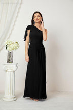 Numbersea  Chiffon Ruffled One Shoulder Long Bridesmaid Dresses A-line Formal Evening Gown Side Split 2809