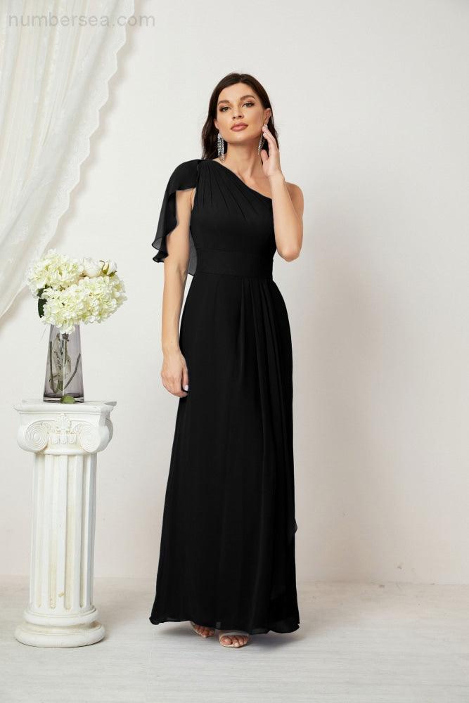 Numbersea  Chiffon Ruffled One Shoulder Long Bridesmaid Dresses A-line Formal Evening Gown Side Split 2809