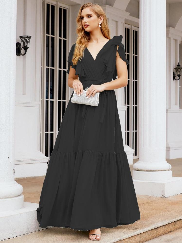 Numbersea Women's Open Back Formal Evening Party Prom Gowns V-Neck Long Chiffon Bridesmaid Dresses with Waist Belt 28038